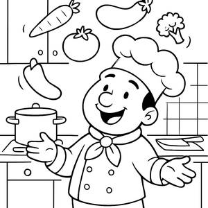 Cheerful Chef Juggling Vegetables Coloring Page