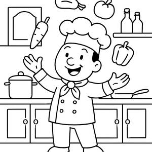 Cheerful Chef Juggling Vegetables Coloring Page