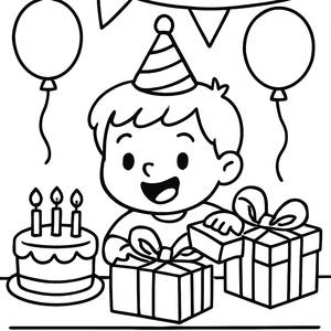 Página para Colorear de un Niño Feliz Abriendo Regalos de Cumpleaños