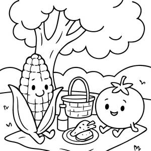 Página para Colorir do Alegre Milho e Tomate em Piquenique