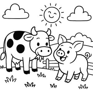 Cheerful Cow and Playful Pig Coloring Page