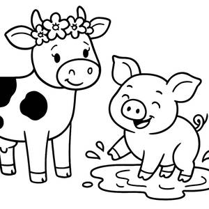 Página de Colorir da Vaca Alegre e do Porquinho Brincalhão