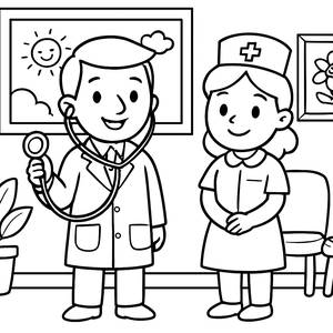 Cheerful Doctor and Smiling Nurse Coloring Page