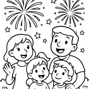 Coloring-Seite einer Fröhlichen Familie beim Feuerwerk