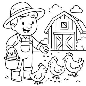 Cheerful Farmer Feeding Chickens Coloring Page