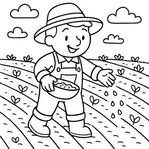 Página para Colorear del Alegre Agricultor Plantando Semillas