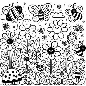 Cheerful Garden Coloring Page with Dancing Butterflies and Ladybugs