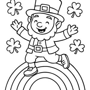 Cheerful Leprechaun Dancing on a Rainbow Coloring Page