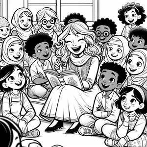 Fröhliche Lehrerin beim Lesen - Kostenlose Ausmalseite