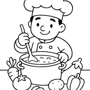 Pagina da Colorare del Cuoco con la Sua Zuppa Colorata