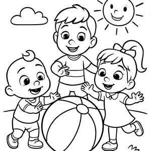 Cocomelon Coloring Page: JJ, TomTom, and YoYo Having Fun with a Beach Ball