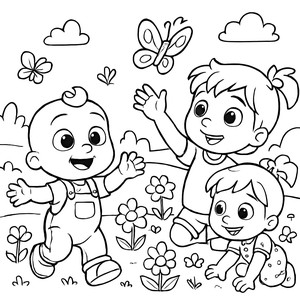 Cocomelon Coloring Page: JJ, TomTom, and YoYo in a Colorful Garden