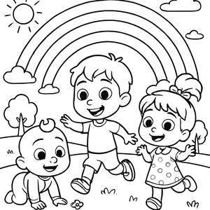 Pagina da Colorare Cocomelon: JJ, TomTom e YoYo in un Parco Soleggiato con un Arcobaleno!
