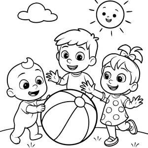 Cocomelon Coloring Page: JJ, TomTom, and YoYo with a Giant Beach Ball!
