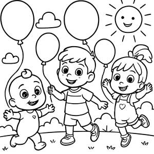 Cocomelon Coloring Page: JJ, TomTom, and YoYo with Colorful Balloons