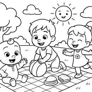 Page à Colorier Cocomelon : Pique-nique ensoleillé de JJ, TomTom et YoYo