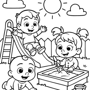 Cocomelon Coloring Page: JJ, TomTom & YoYo in the Sunny Backyard
