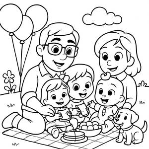 Pagina da Colorare della Famiglia Cocomelon al Picnic