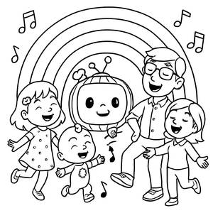 Pagina da Colorare della Famiglia Cocomelon che Canta e Balla