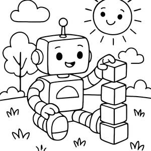 Page à Colorier : Un Robot Coloré Construisant une Tour de Blocs !