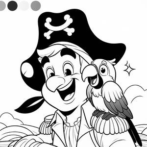 Ausmalbild: Ein Freundlicher Papagei auf der Schulter eines Piraten