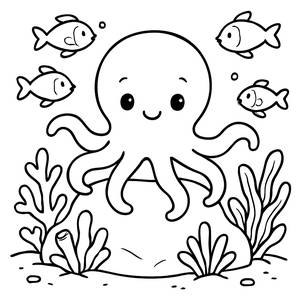 Página para Colorear: Un Pulpo Juguetón en un Arrecife de Coral
