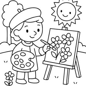 Coloring Page: Artist with Palette Painting Flowers in the Park