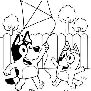 Página para Colorear: La Aventura de Bluey y Bingo con la Cometa en el Jardín