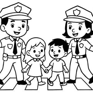 Pagina da Colorare: Coraggiosi Poliziotti che Aiutano i Bambini a Attraversare in Sicurezza!