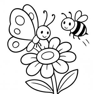 Page à Colorier: Papillon sur une Fleur avec une Abeille Bourdonnante