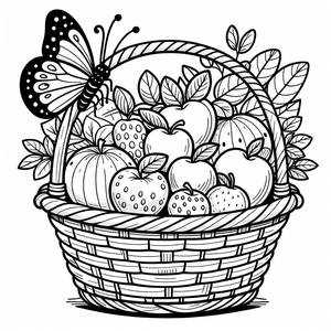 Page à Colorier : Panier de Fruits Charmant avec un Papillon