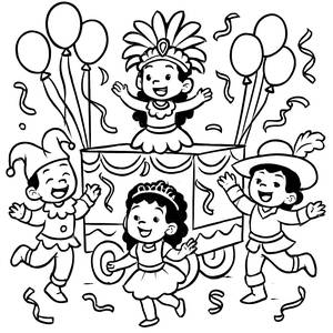 Ausmalbild: Bunte Parade mit Luftballons und Tanzenden Kindern