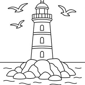 Coloring Page: Majestic Lighthouse by the Rocky Shore