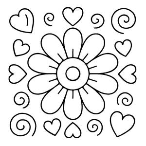 Ausmalbild einer Wunderschönen Blumenmandala mit Herzen und Spiralen