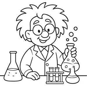 Coloring Page of a Friendly Scientist Mixing Colorful Potions