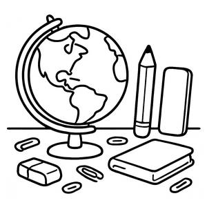 Coloring Page of a Globe and School Supplies
