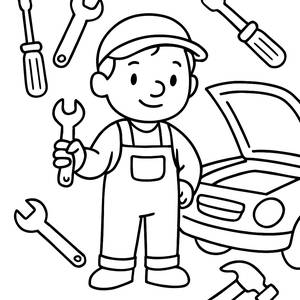 Ausmalbild eines Mechanikers mit Bunten Werkzeugen
