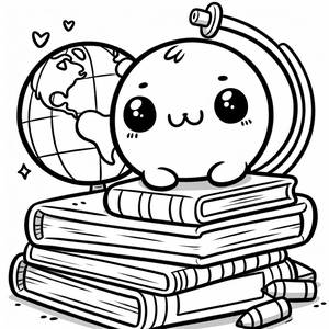 Ausmalbild von einem Stapel Bunter Bücher mit einem Globus