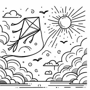 Malvorlage eines vom Wind Geblasenen Drachens im Himmel