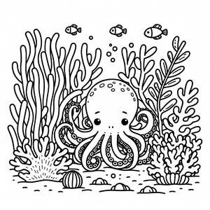 Раскраска Осминога, Скрывающегося среди Коралов