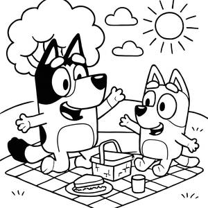 Coloring Page of Bluey and Bingo in a Sunny Park