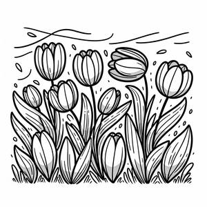 Page de Coloriage de Tulipes Colorées en Rangée