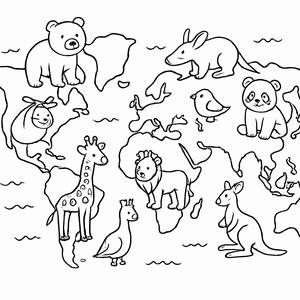 Página para Colorear del Mapa Mundial con Animales Nativos