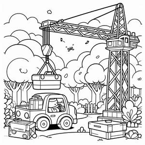 Ausmalbild: Buntes Baugelände mit Kran und Roter Werkzeugkiste