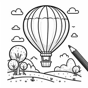 Página para Colorir: Balão Colorido Flutuando em uma Paisagem de Desenho Animado