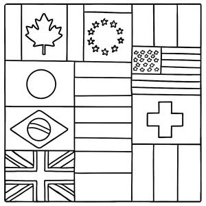 Ausmalbild: Buntes Patchwork Nationalflaggen