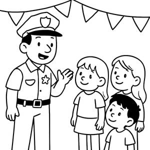 Pagina da Colorare con un Poliziotto all'Evento Comunitario