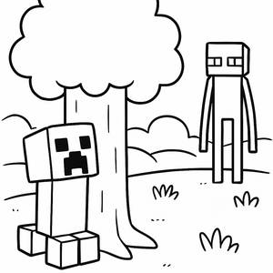 Creeper Hiding Behind a Tree Coloring Page