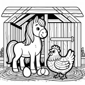 Раскраска: Любопытная Лошадь и Курица