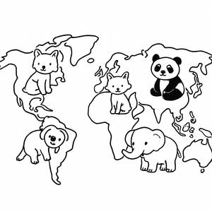 Pagina da Colorare della Mappa del Mondo con Animali Carini